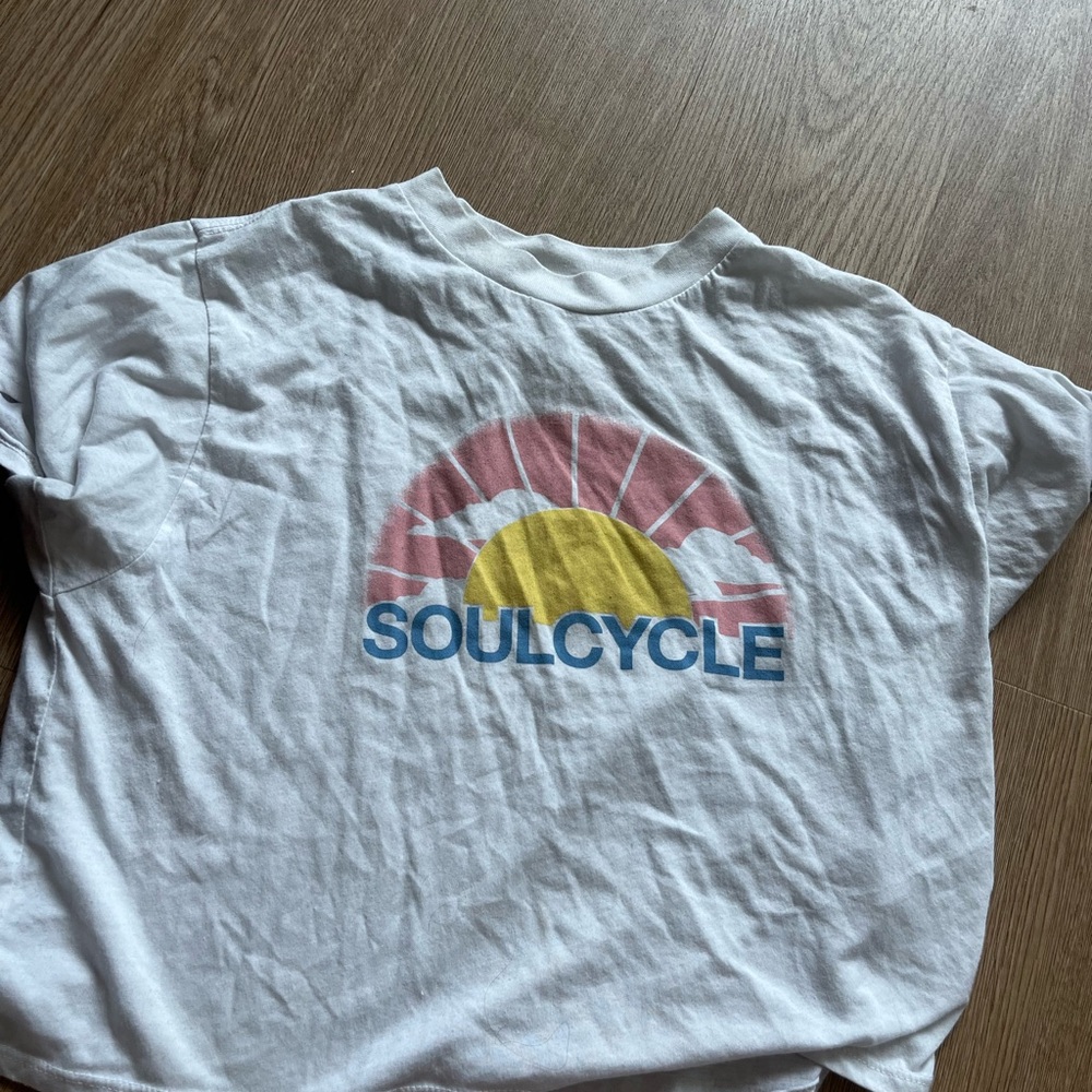 SoulCycle White Tee with Colorful Sunrise Graphic